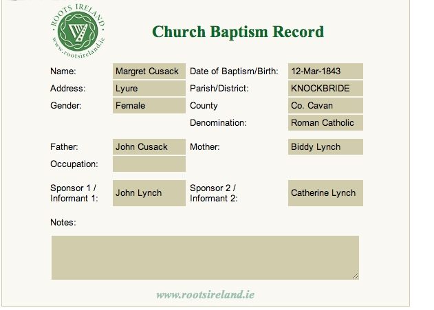 Baptism of Margret Cusack, 1843 โ Baptism Record cavan baptism record .jpg