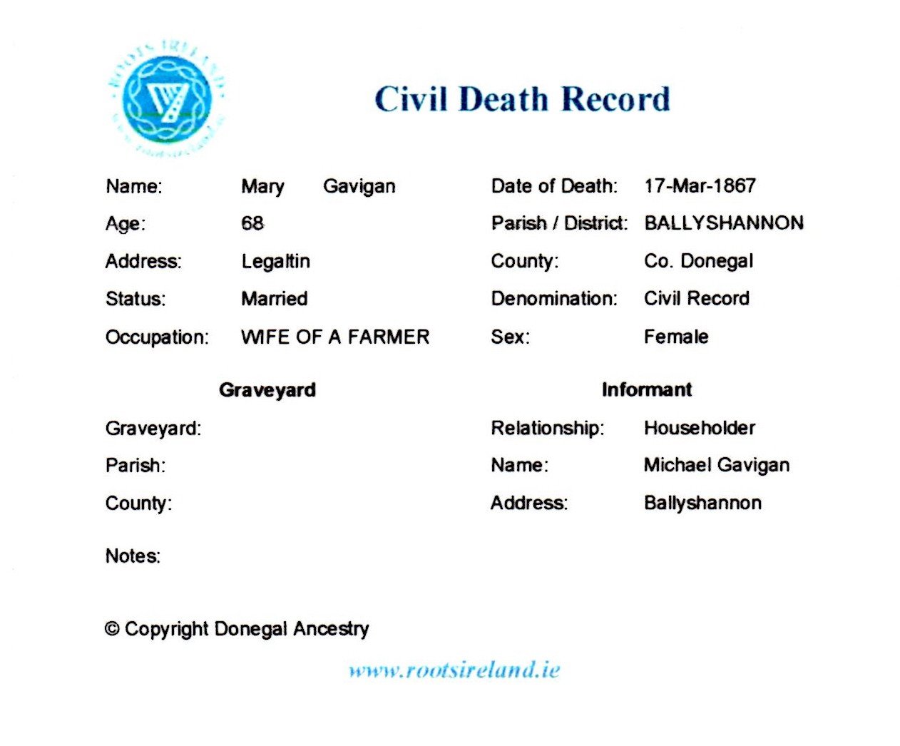 Civil death record, Mary Gavigan, 1867 โ Mary (McGarrigal) Gavigan (Mother of Hugh (Florinda)) Death Record 17 Mar 1867.jpg