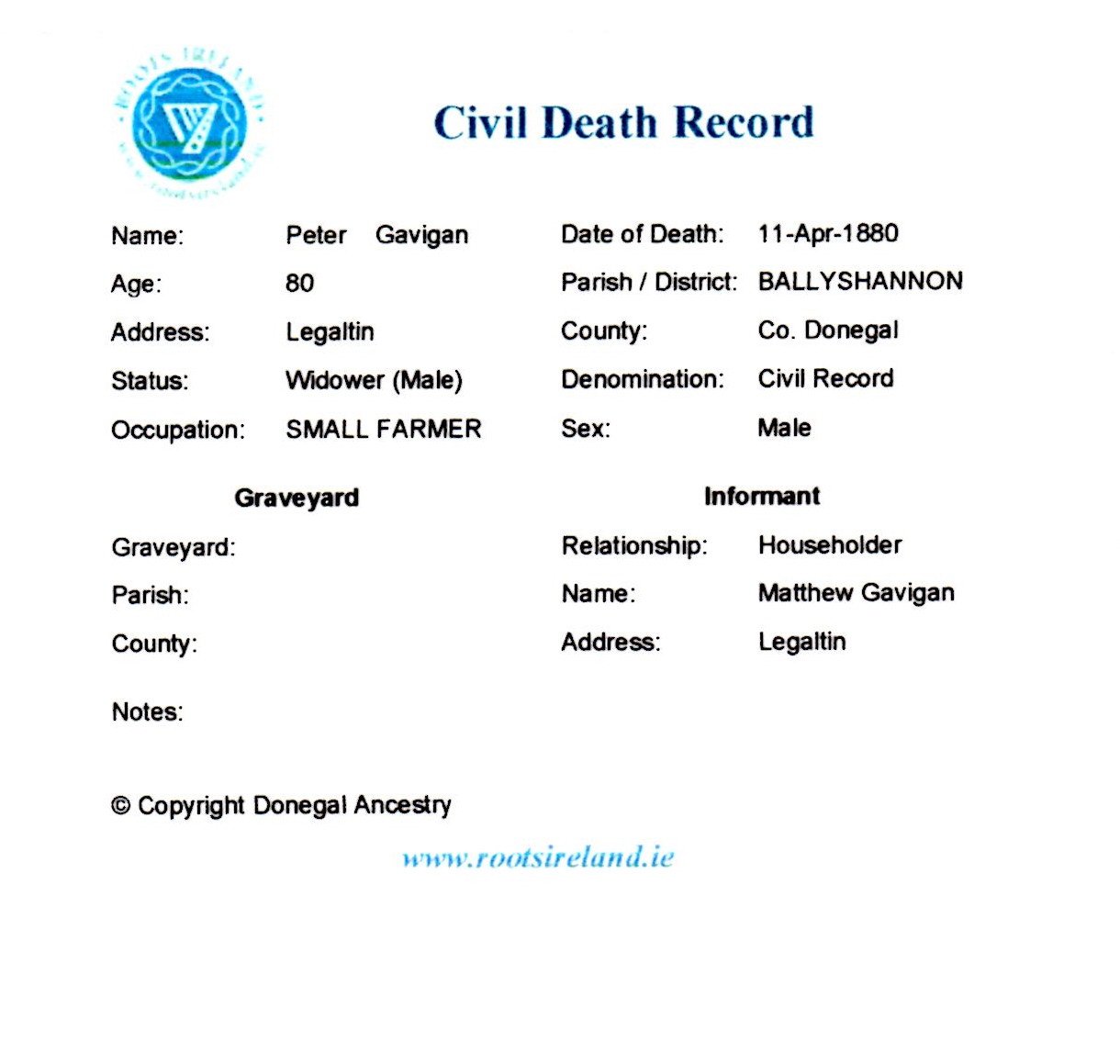 Civil death record, Peter Gavigan, 1880 โ Peter Gavigan (Legaltan) death record 11 Apr 1880.jpg