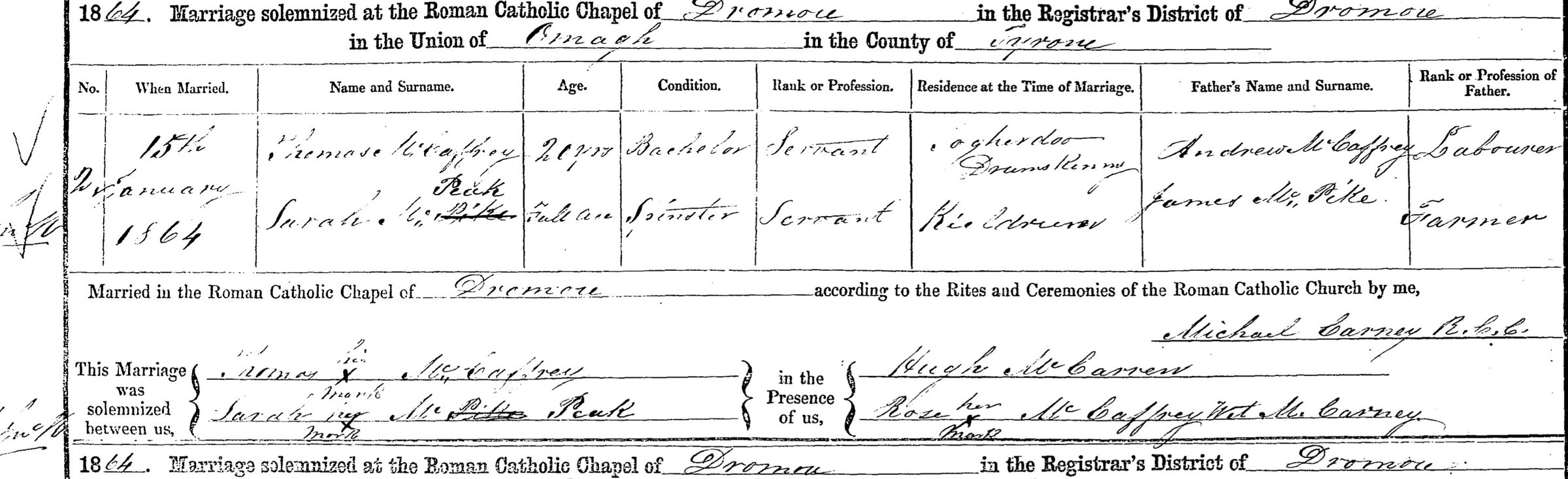 Marriage of Thomas McCaffrey and Sarah McPike, 1864 โ Thomas McCaffery marriage Sarah mcpeak 15 Jan 1864.jpg