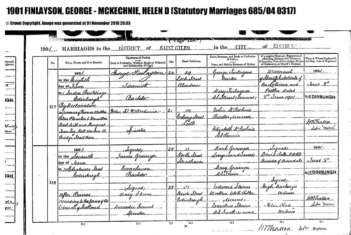 Marriage, 1901 โ George Finlayson - Helen D McKechnie Marriage cert 1901.pdf