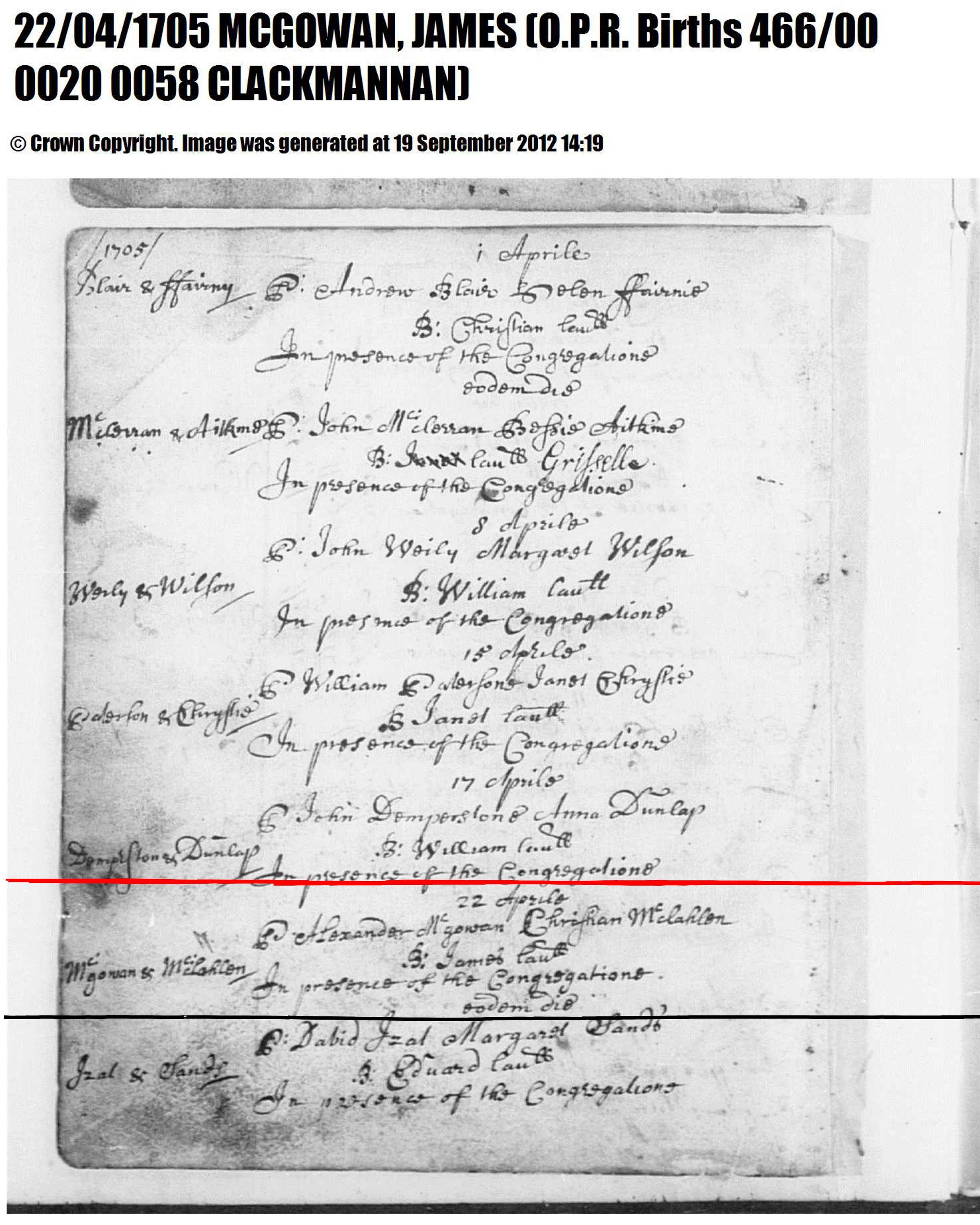 Baptism of James McGowan, Clackmannan, 1705 โ Baptism_Christening_of_James_McGowan.jpeg