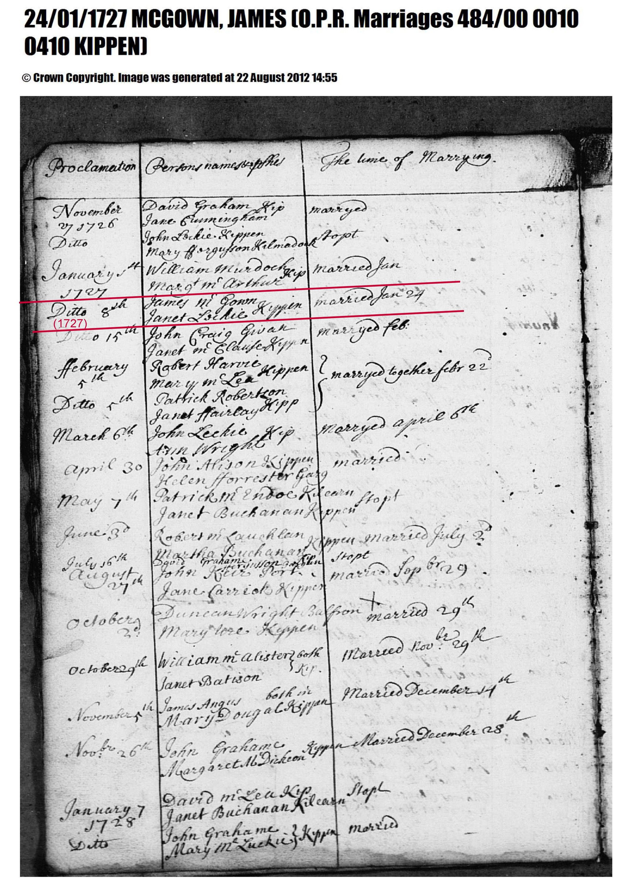 Marriage of James McGown and Janet Leckie, Kippen, 1727 โ James_McGowan___Janet_Leckie_marriage_record_1727.jpeg