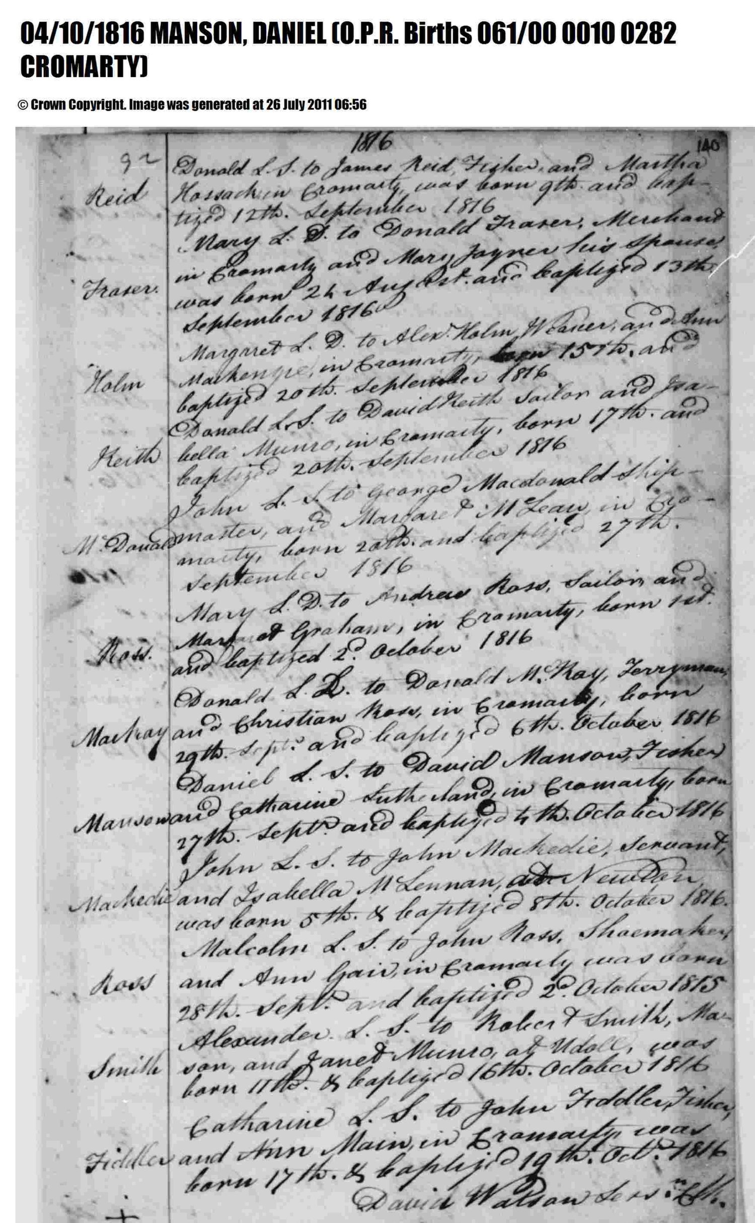 Birth and baptism, 1816 โ Daniel Manson 1816 Birth.pdf