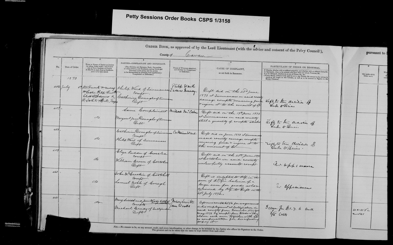Petty Sessions Order Book, July 1873 â 1873 July Phil Ward petty sessions.jpg