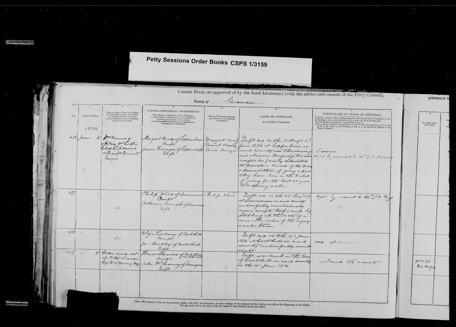 Petty Sessions Order Book, June 1874 â 1874 Philip Ward petty sessions cavan.jpg