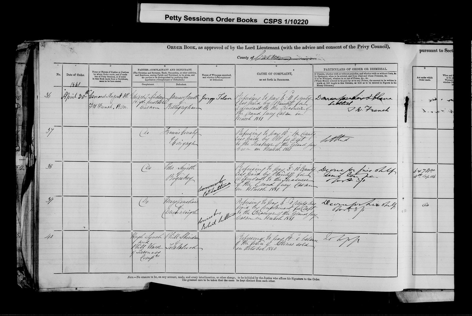 Petty Sessions Order Book, April 1881 â 1881 Phil Ward petty sessions cavan.jpg